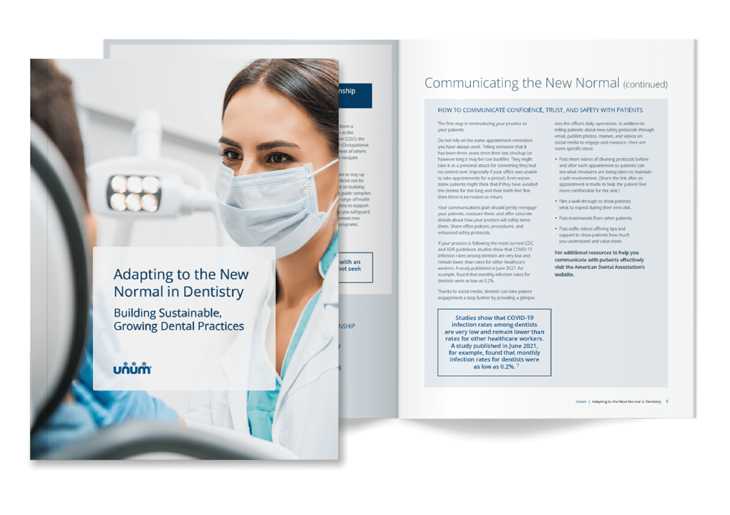 Graphic showing pages of Unum's dental providers ebook.