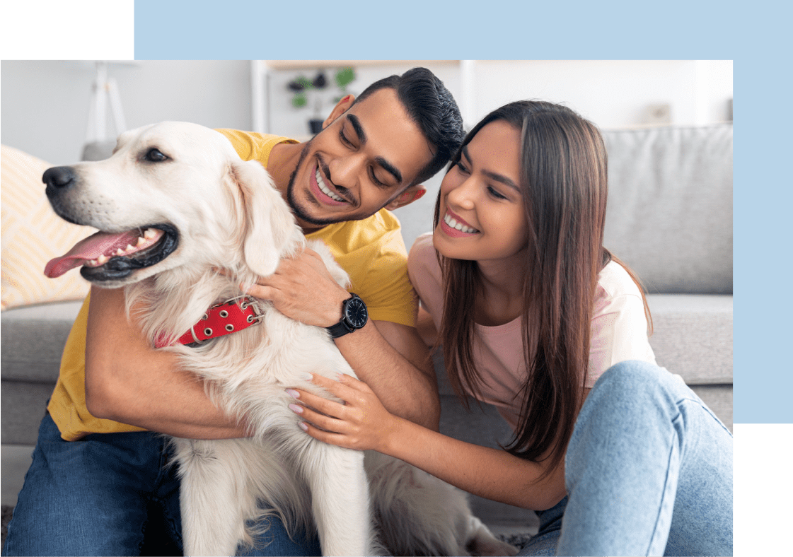couple embracing dog